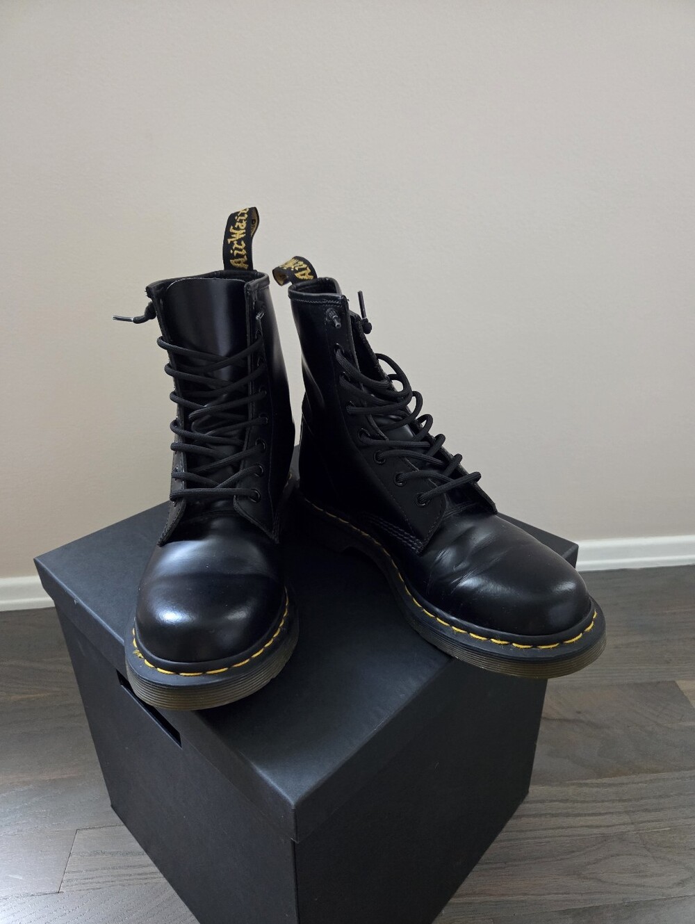 Dr. Martens Black Leather Lace-Up Combat Boots with Yellow Stitching - Picture 3 of 13
